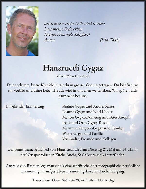 Avis de décès de Hansruedi Gygax
