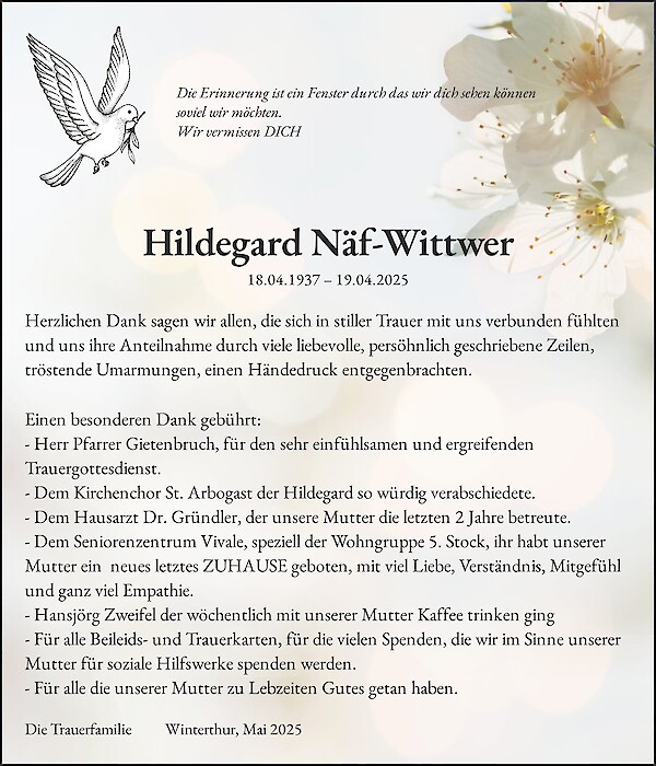 Avis de décès de Hildegard Näf-Wittwer