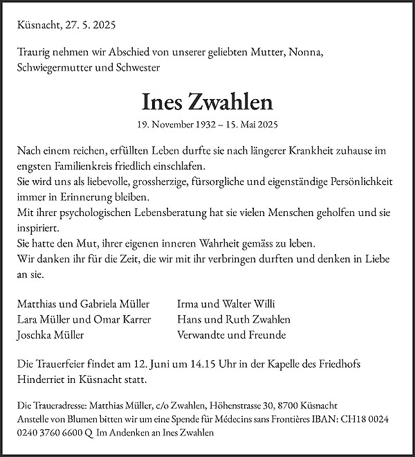 Avis de décès de Ines Zwahlen, Küsnacht
