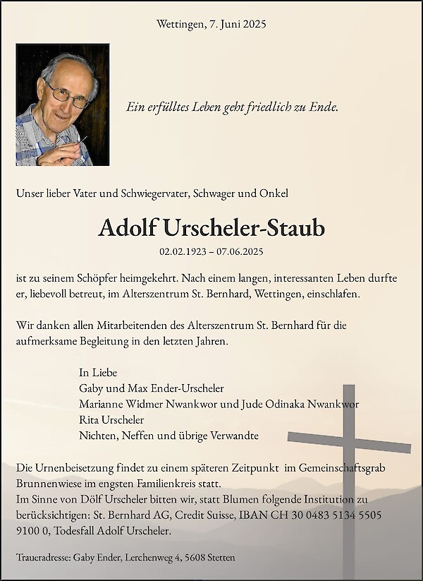 Avis de décès de Adolf Urscheler-Staub
