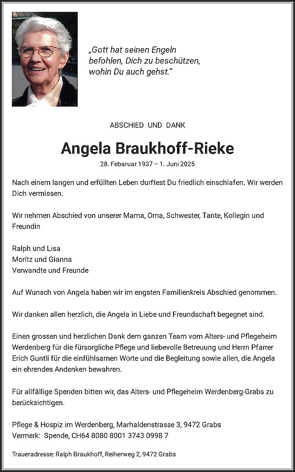 Avis de décès de Angela Braukhoff-Rieke