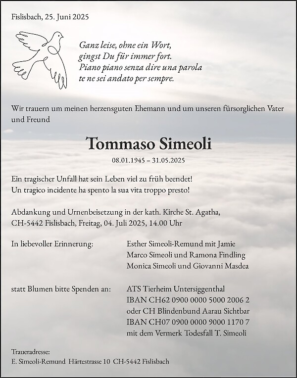 Avis de décès de Tommaso Simeoli