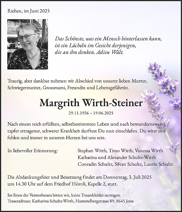 Avis de décès de Margrith Wirth-Steiner
