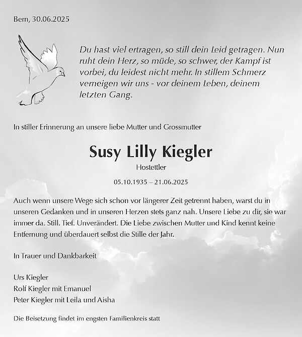 Avis de décès de Susy Lilly Kiegler, Bern