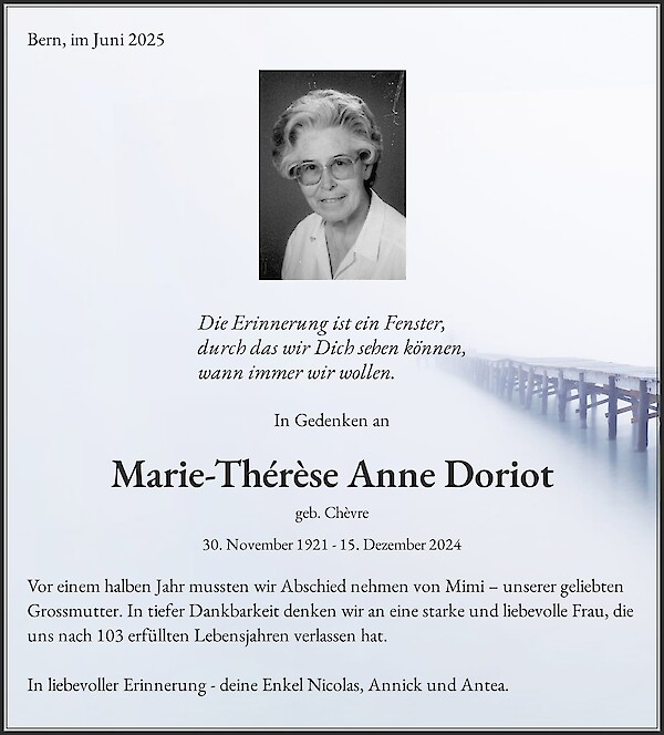 Avis de décès de Marie-Thérèse Anne Doriot