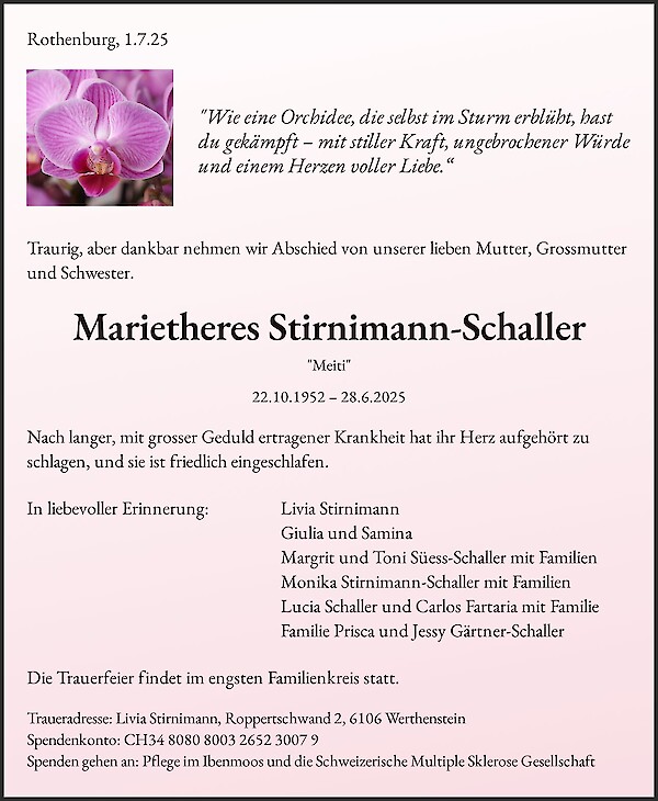 Avis de décès de Marietheres Stirnimann-Schaller, Rothenburg