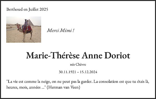 Avis de décès de Marie-Thérèse Anne Doriot