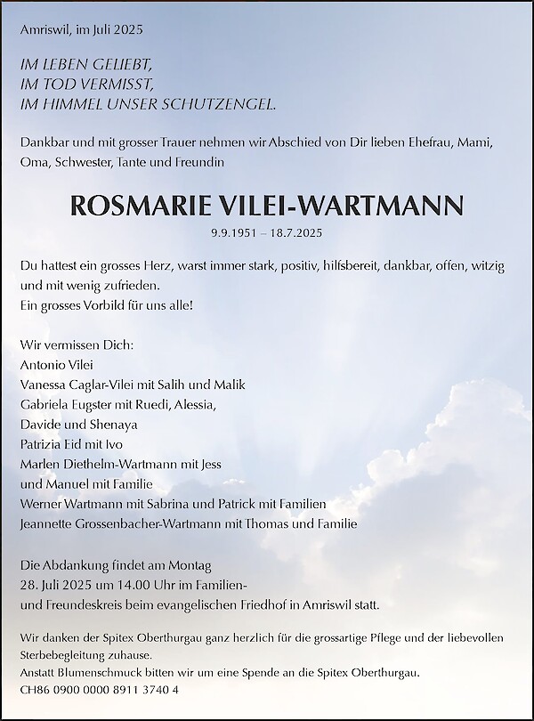 Avis de décès de ROSMARIE VILEI-WARTMANN, Amriswil