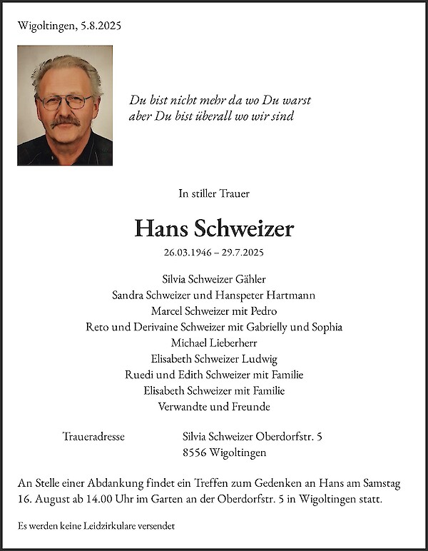 Avis de décès de Hans Schweizer, Wigoltingen