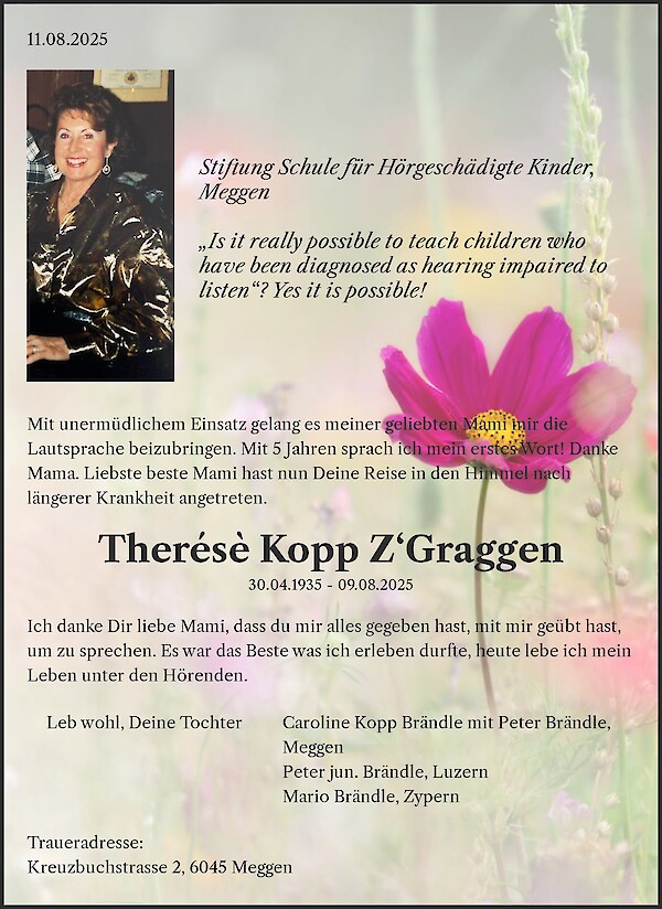 Avis de décès de Therésè Kopp Z‘Graggen, Luzern