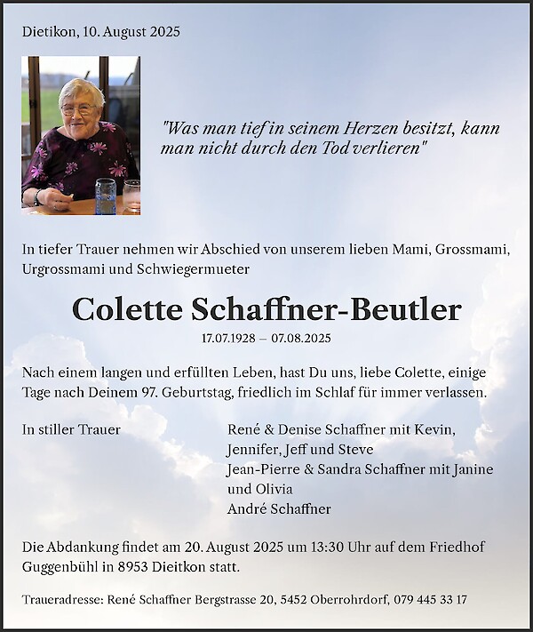 Avis de décès de Colette Schaffner-Beutler