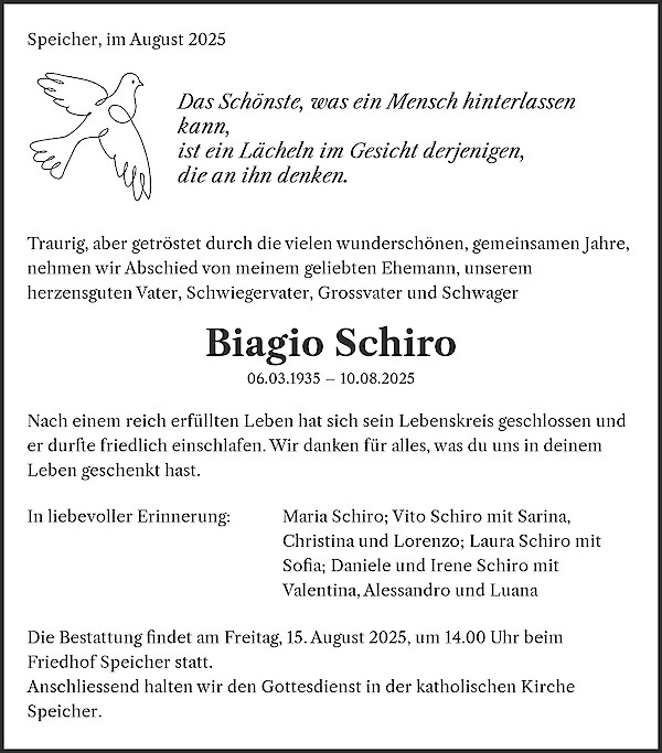Avis de décès de Biagio Schiro, Speicher