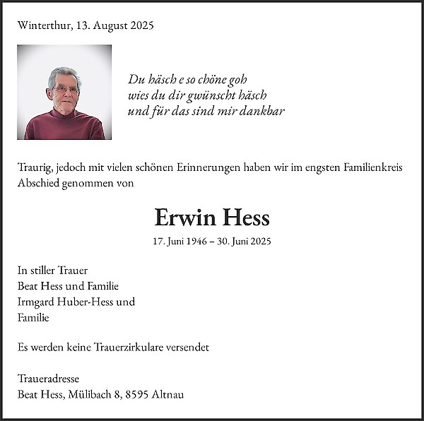 Avis de décès de Erwin Hess, Winterthur