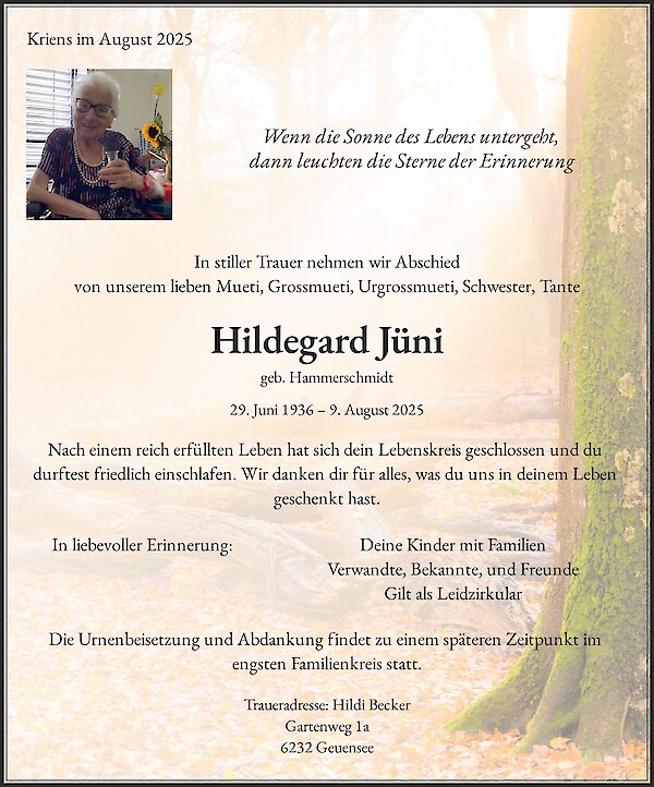 Avis de décès de Hildegard Jüni, Kriens