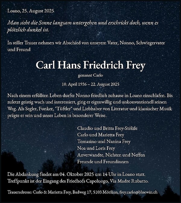 Obituary Carl Hans Friedrich Frey, Loano, Italien