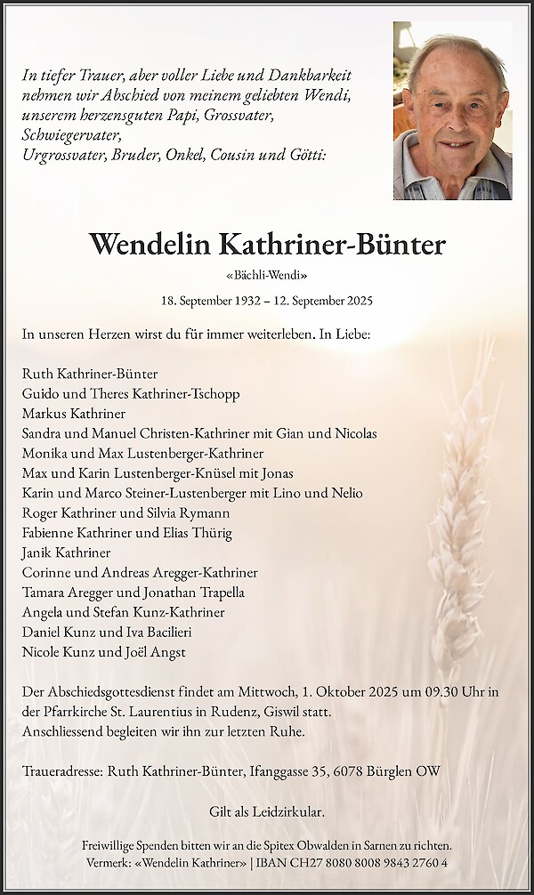 Necrologio Wendelin Kathriner-Bünter, Bürglen