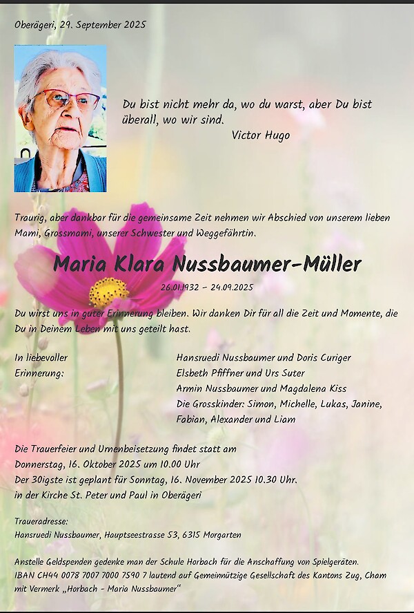Avis de décès de Maria Klara Nussbaumer-Müller