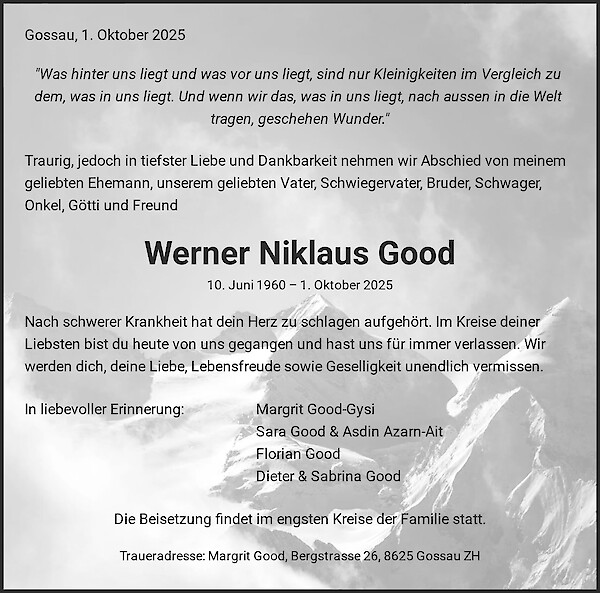 Avis de décès de Werner Niklaus Good, Gossau ZH