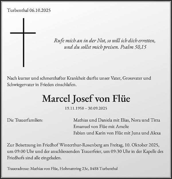 Avis de décès de Marcel Josef von Flüe