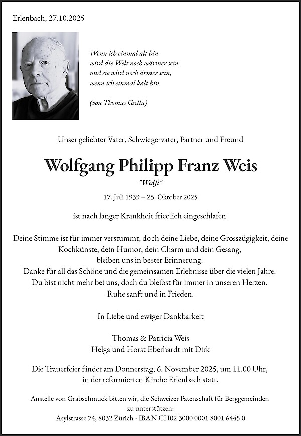 Necrologio Wolfgang Philipp Franz Weis