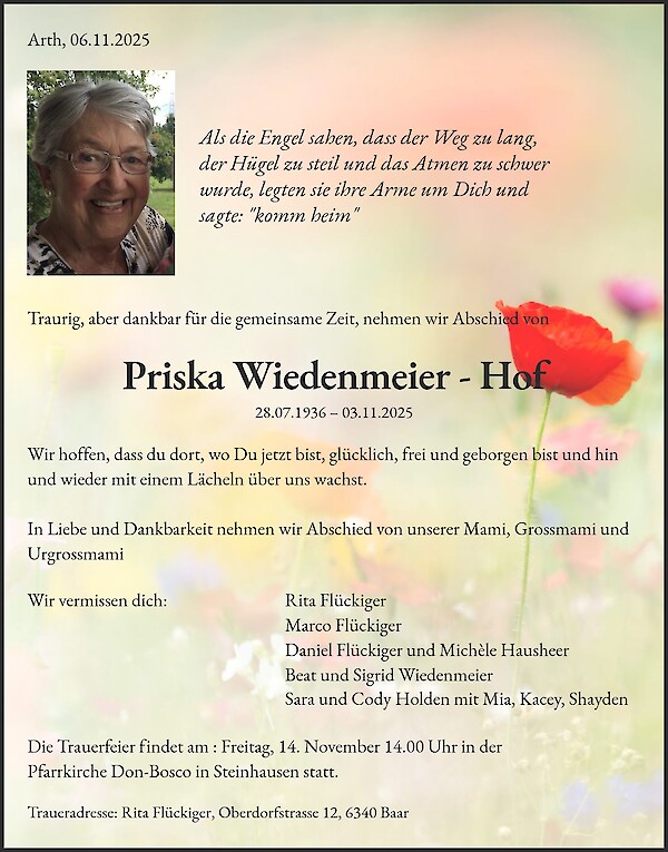 Avis de décès de Priska Wiedenmeier - Hof