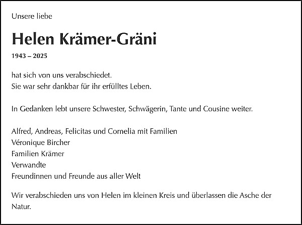 Avis de décès de Helen Krämer-Gräni