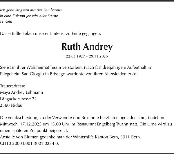 Avis de décès de Ruth Andrey