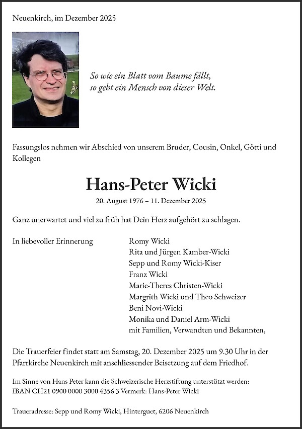 Avis de décès de Hans-Peter Wicki