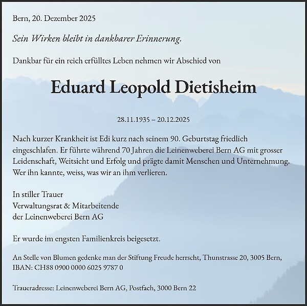 Avis de décès de Eduard Leopold Dietisheim, Bern