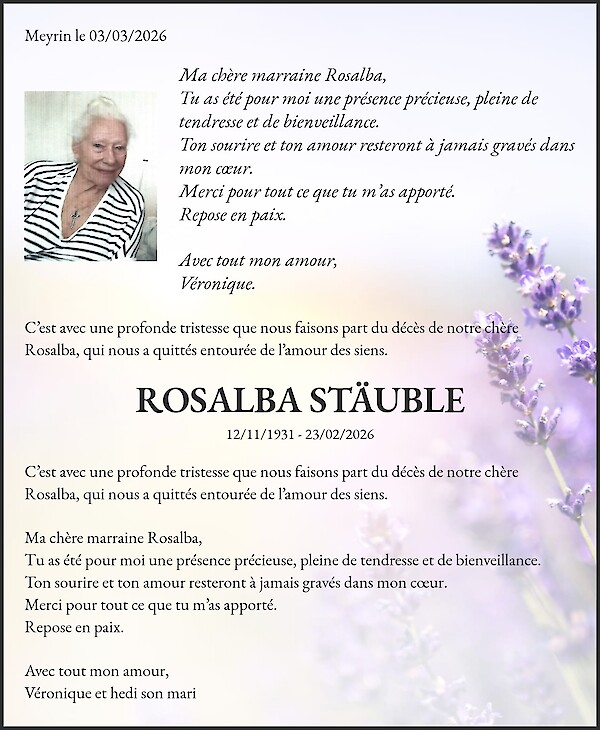 Avis de décès de ROSALBA STÄUBLE, Meyrin
