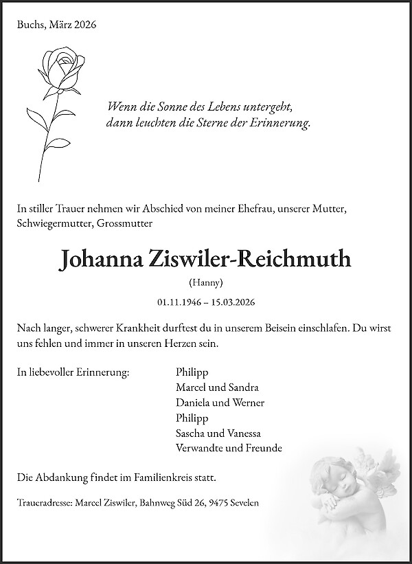 Obituary of Johanna Ziswiler-Reichmuth, Buchs