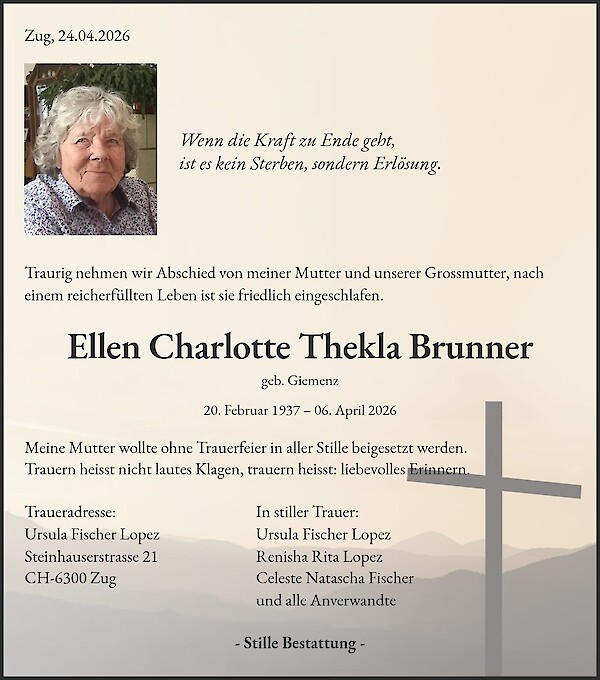 Todesanzeige von Ellen Charlotte Thekla Brunner, Waldenburg