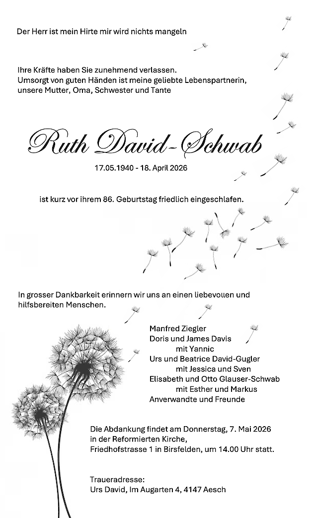 Avis de d&eacute;c&egrave;s de Ruth David-Schwab