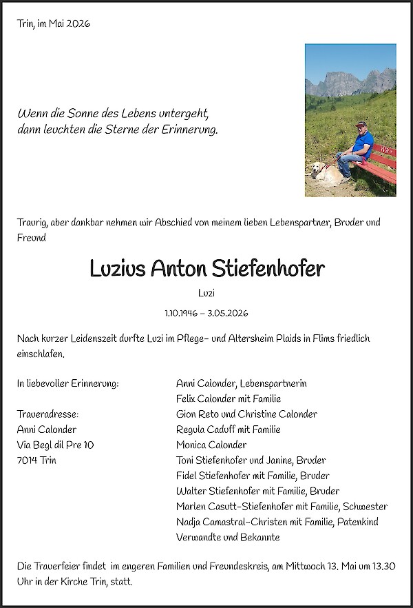 Avis de d&eacute;c&egrave;s de Luzius Anton Stiefenhofer