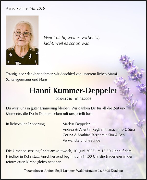 Avis de d&eacute;c&egrave;s de Hanni Kummer-Deppeler