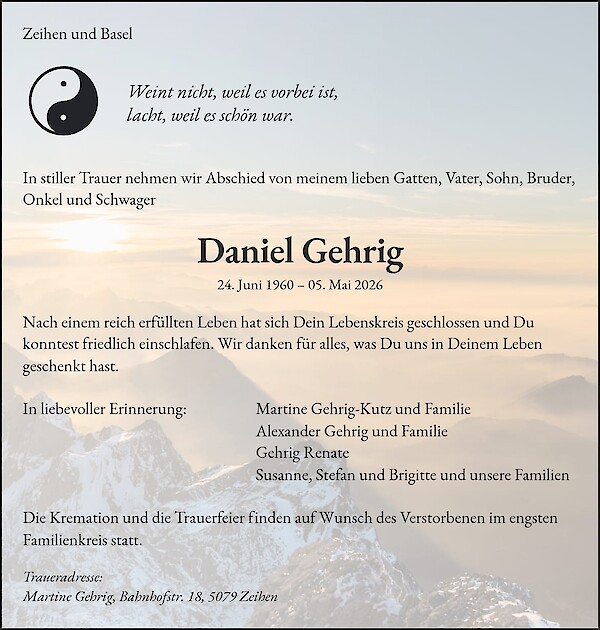 Avis de d&eacute;c&egrave;s de Daniel Gehrig, Zeihen