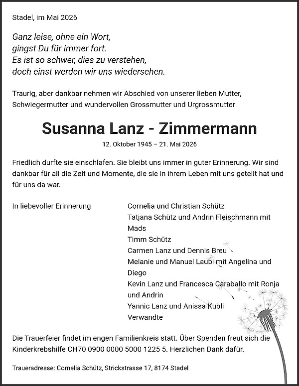Avis de d&eacute;c&egrave;s de Susanna Lanz - Zimmermann