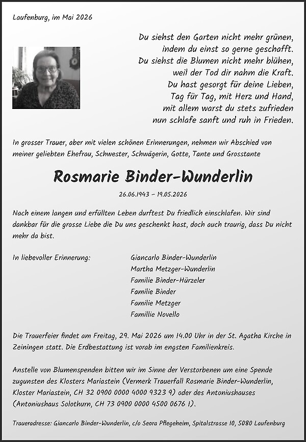 Avis de d&eacute;c&egrave;s de Rosmarie Binder-Wunderlin