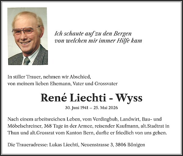 Avis de d&eacute;c&egrave;s de Ren&eacute; Liechti - Wyss