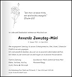 Avis de d&eacute;c&egrave;s Anner&ouml;s Zumsteg-M&uuml;ri, Nussbaumen