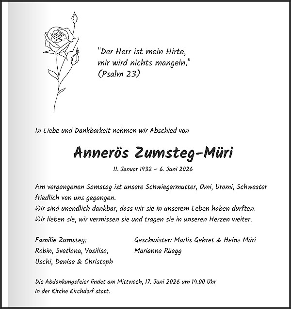Avis de d&eacute;c&egrave;s de Anner&ouml;s Zumsteg-M&uuml;ri, Nussbaumen