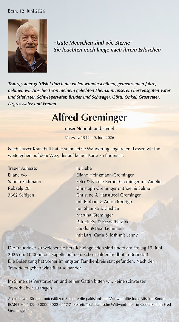 Avis de d&eacute;c&egrave;s de Alfred Greminger, Bern