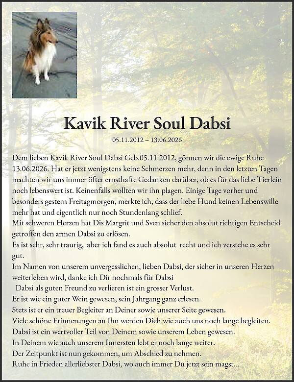 Avis de d&eacute;c&egrave;s de Kavik River Soul Dabsi, Uitikon