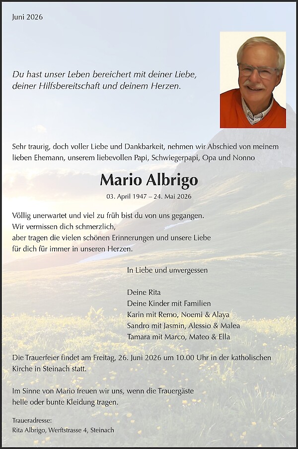 Avis de d&eacute;c&egrave;s de Mario Albrigo, Steinach