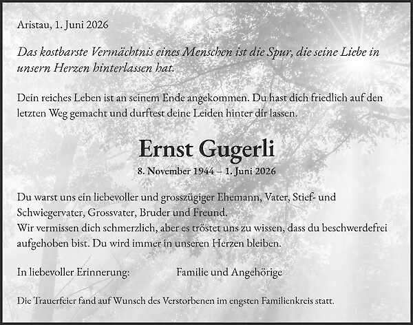 Avis de d&eacute;c&egrave;s de Ernst Gugerli