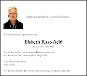 Avis de d&eacute;c&egrave;s Elsbeth Rast-Aebi