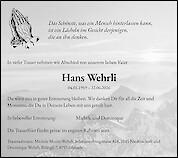 Avis de d&eacute;c&egrave;s Hans Wehrli