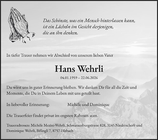 Avis de d&eacute;c&egrave;s de Hans Wehrli