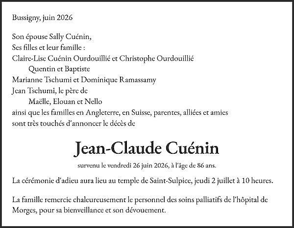 Avis de d&eacute;c&egrave;s de Jean-Claude Cu&eacute;nin