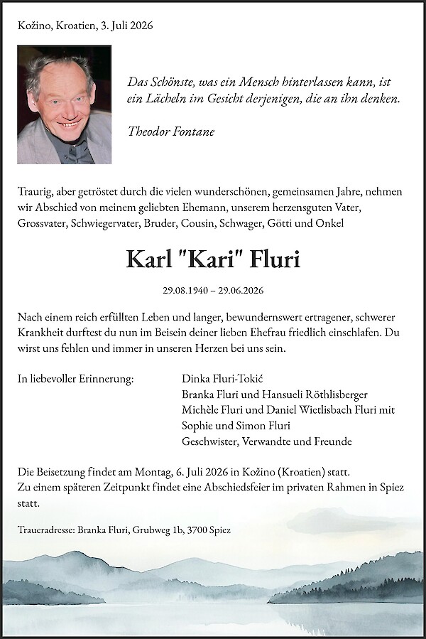 Avis de d&eacute;c&egrave;s de Karl "Kari" Fluri